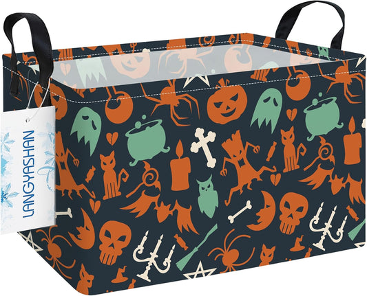 LANGYASHAN Rectangular Halloween Ghost Storage Bin Collapse Canvas Fabric Cartoon Storage Basket Home Kitchen Boys and Girls Toys Office Closet Shelf Baskets (Rec Halloween Ghost Basket)