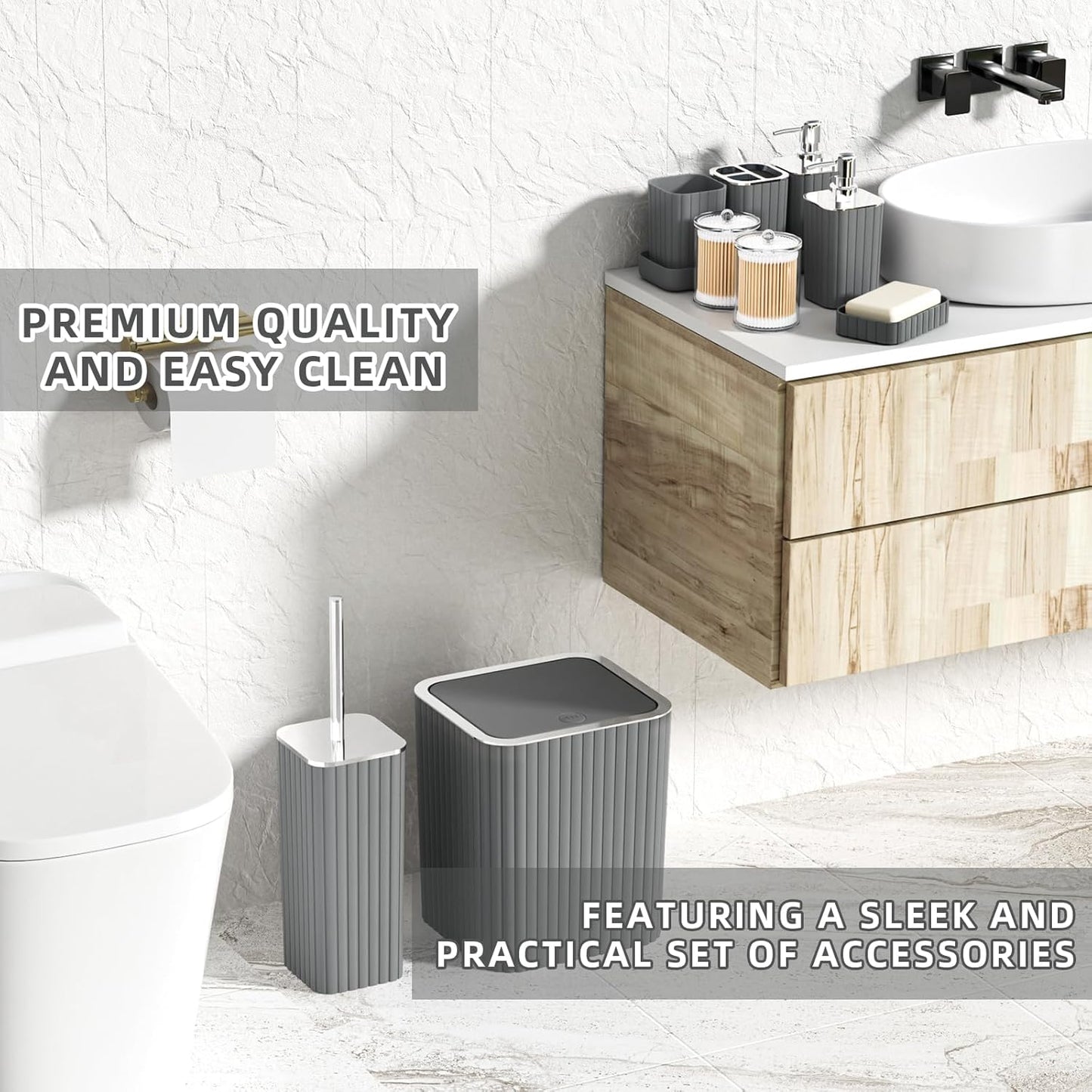 Bathroom Accessories Set- 25PC Grey Bathroom Set, Bathroom Set with Shower Curtain and Rugs, Shower Curtain Set, Toilet Brush, Trash Can, Qtip Holder Dispenser & Soap Dispenser