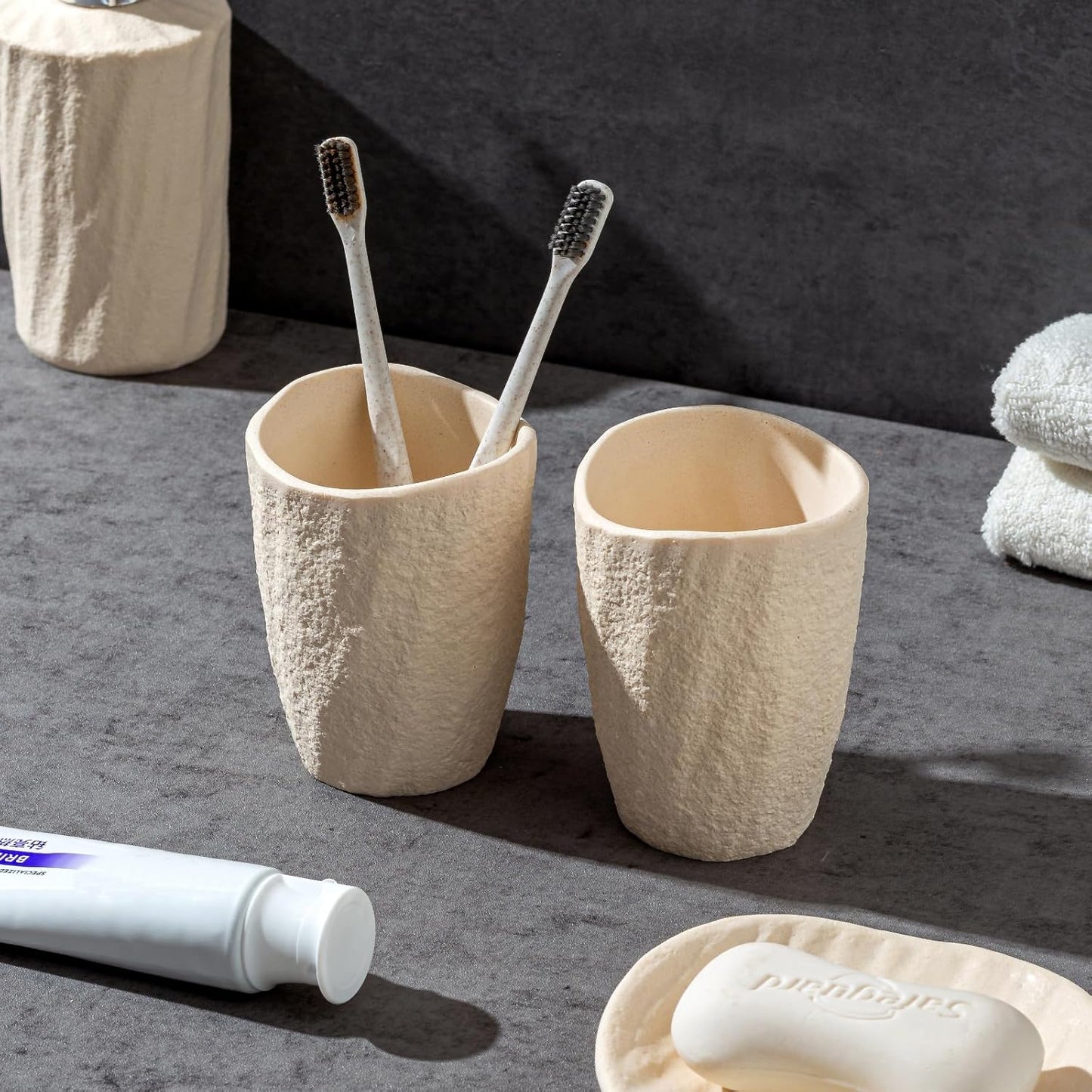 Bathroom Accessories Set, 4 PCS Modern Stone Look Bathroom Accessory Set with Hand Soap Dispenser 11.5 OZ, Tumblers, Toothbrush Holder, Bar Soap Dish Holder Saver (Yellow)