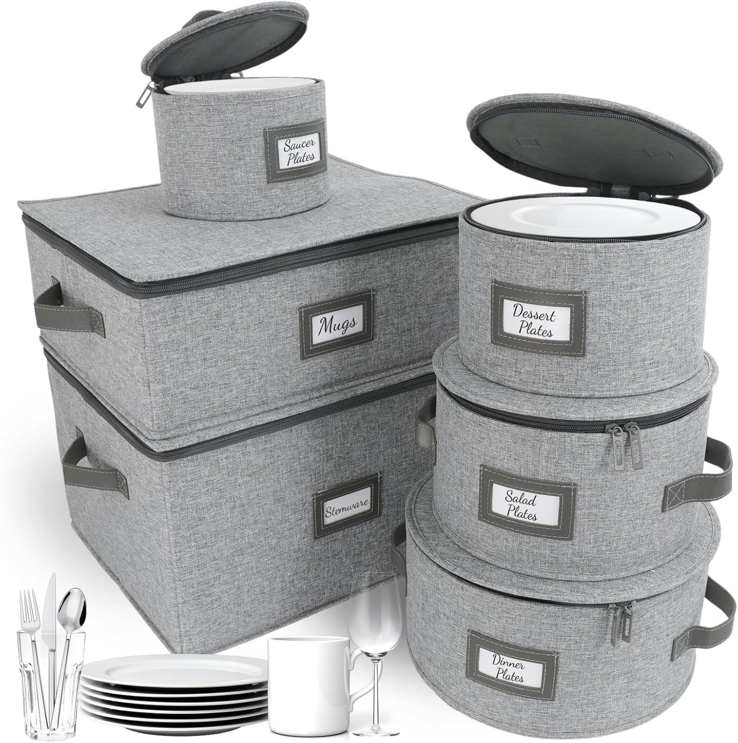 HOMELUX THEORY Hard Shell China Storage Containers, 6pc LightGray Mug & Plate Storage Box, Kitchen Storage Bins W/Lids, Heavy Duty Moving Box with Handles for Dishes, Glassware, Stemware, Cup & Mug