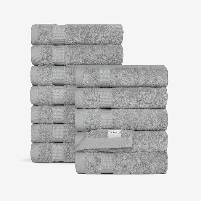 SALBAKOS 100% Turkish Cotton Washcloth Set of 12 13x13 inch | Heirloom Quality | Hotel & Spa Collection | Ultra Soft, Super Absorbent, Wash Cloth Towels | Made in Turkey (Silver 12 Pcs Washcloth)