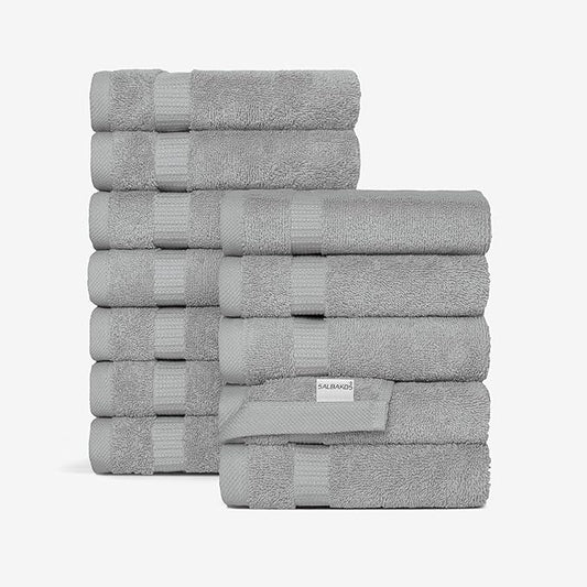 SALBAKOS 100% Turkish Cotton Washcloth Set of 12 13x13 inch | Heirloom Quality | Hotel & Spa Collection | Ultra Soft, Super Absorbent, Wash Cloth Towels | Made in Turkey (Silver 12 Pcs Washcloth)
