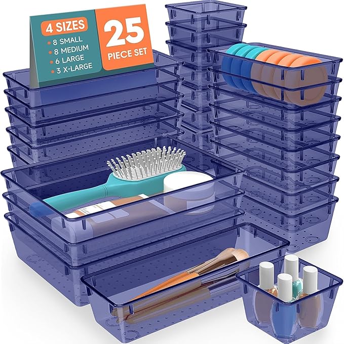 25 PCS Plastic Drawer Organizer Set, 4-Size Versatile Organizer Trays & storage Bins for Makeup, Jewelry, and Gadgets in Bathroom, Bedroom and Office,Dark Blue