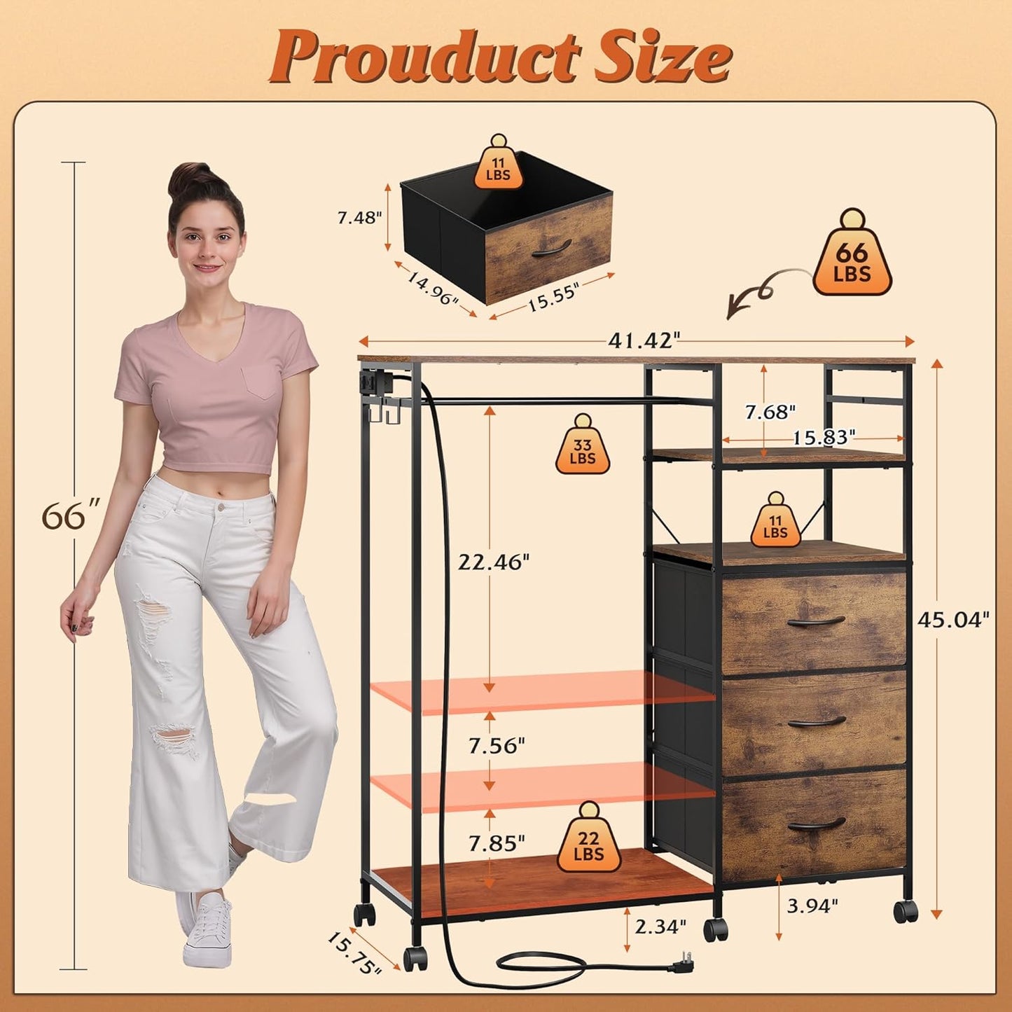 WLIVE 42''W Dresser for Bedroom with Hanging Rack, 3 Drawer Dresser with LED Lights & Charging Station, Fabric Dressers & Chest of Drawers, Storage Organizer with Open Shelves for Living Room, Brown