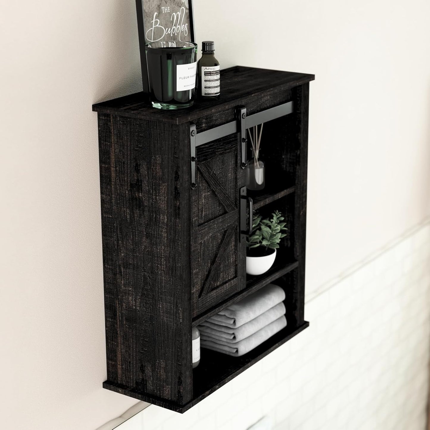 28" Wall Cabinet, Wooden Medicine Cabinet Adjustable Shelves, Over Toilet Storage Cabinet with Sliding Barn Door for Bathroom/Kitchen/Laundry, Black