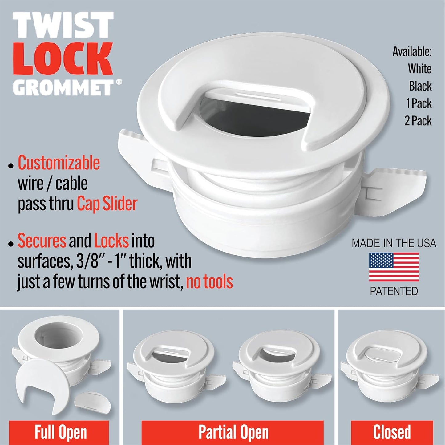 2PK White Patented: Only Cable, Wire, Cord Management Tool-Free Self-Securing/Locking Grommet and with Cap Slider, for Walls, Ceilings, Desks - Used for All Surfaces 3/8" to 1" Thick. Made in USA