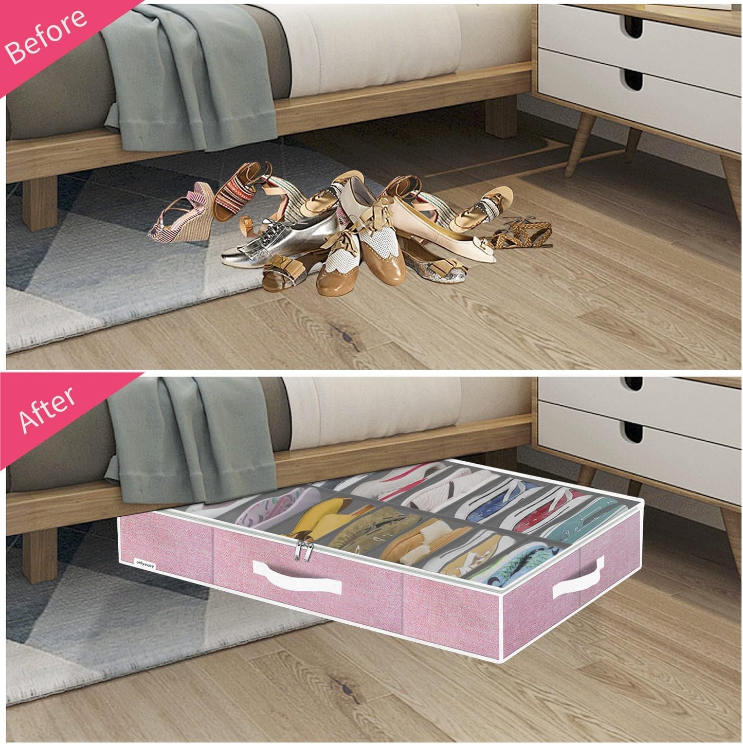 Onlyeasy Large Under Bed Shoe Organizer Container Box, Set of 2, Fit 16 to 32 Pairs of shoes, Underbed Shoes Closet Storage Solution, L37.7x W23.6x H5.9 inch, Cotton-like Pink, MXPUBS16P2