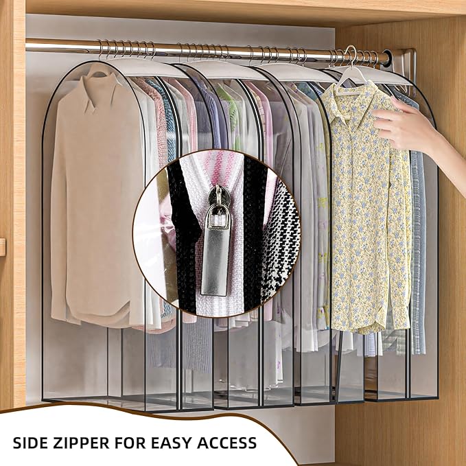 Upgraded Thickened Clear Garment Bags for Hanging Clothes 4 Packs, 10“ Gusseted Clothes Hanging Storage Bags for Closet, Shirts, Coats, Dresses (43 & 60 inch)