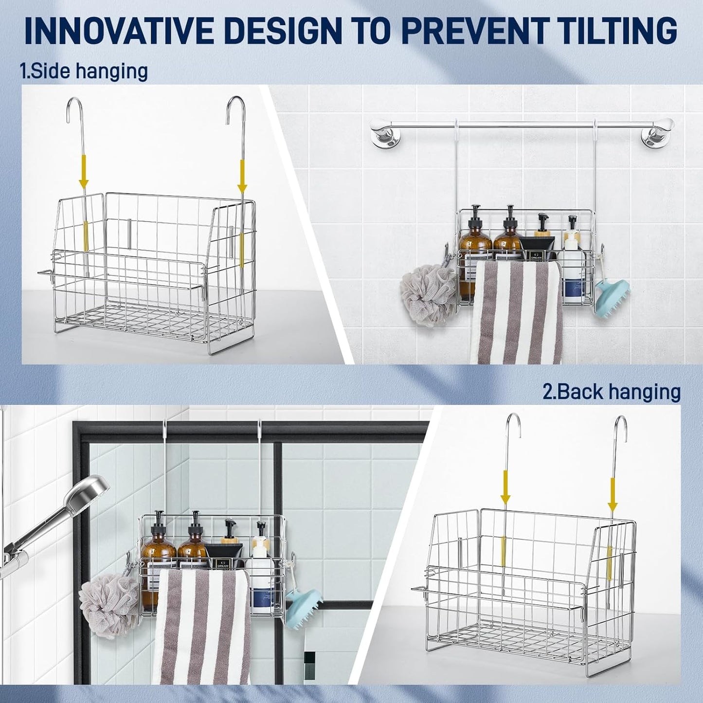 Hanging Shower Organizer, Shower Caddy Hanging, Bathroom Storage Rack with Hooks Over the Door, Stainless Steel Rustproof Bathroom Basket Shelf for Bath Faucet or Cross Bar