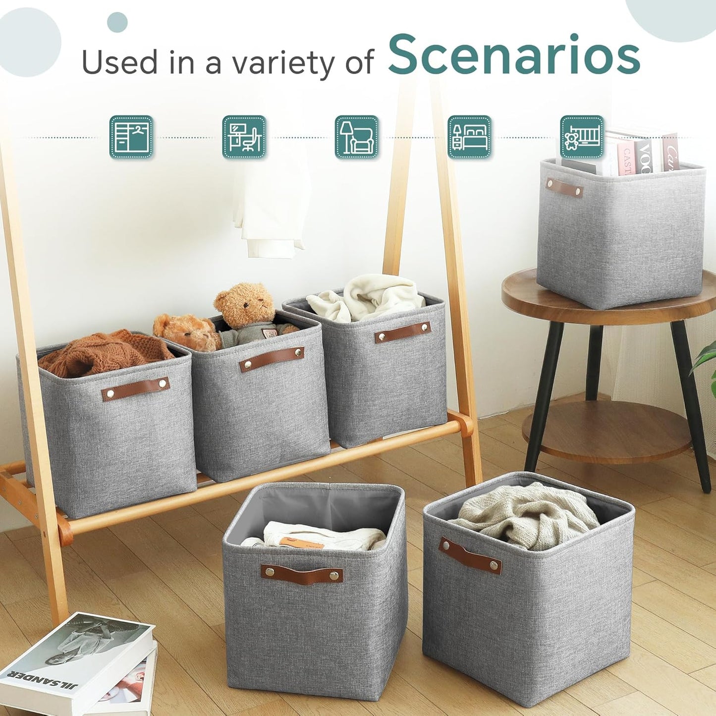 Cube Storage Baskets 6 Pack, 11x11 inch Foldable Cube Storage Bins with Leather Handles for Shelf Closet Nursery Toys (Gray)