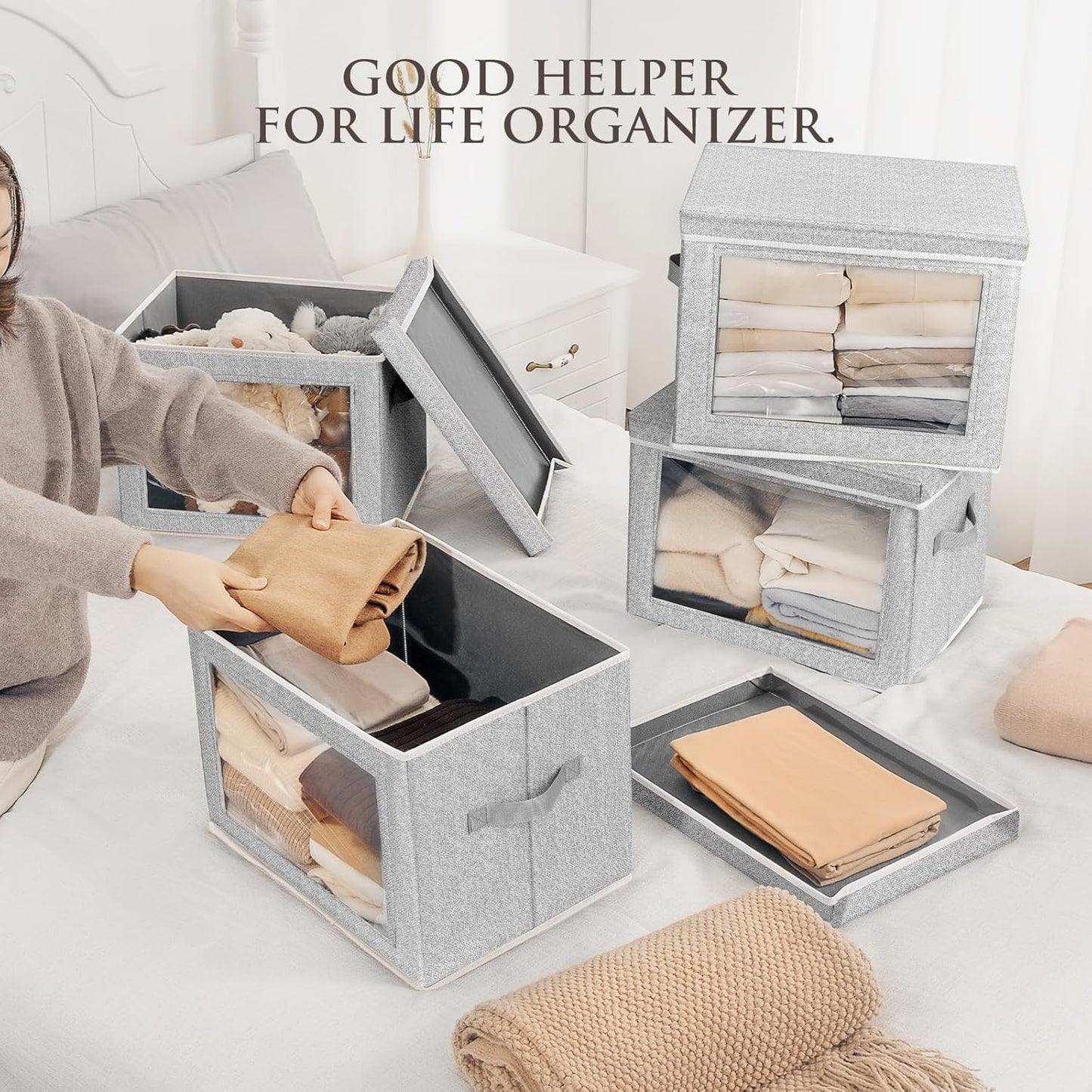 Storage Bins with Lids, 3 Pack Large Storage Cubes with Window, Closet Bins with Lids & Handles, Fabric Box for Organizing Clothes, Towels, Books, Blended