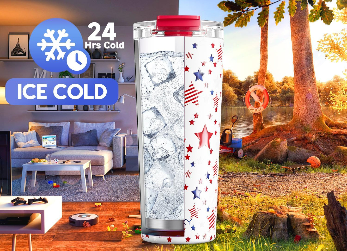 Meoky 24 oz Travel Coffee Mug with Leak-proof Lid, Stainless Steel Insulated Coffee Tumbler, Keeps Hot for 8 Hours or Cold for 24 Hours, Fits in Car Cup Holder (Star)