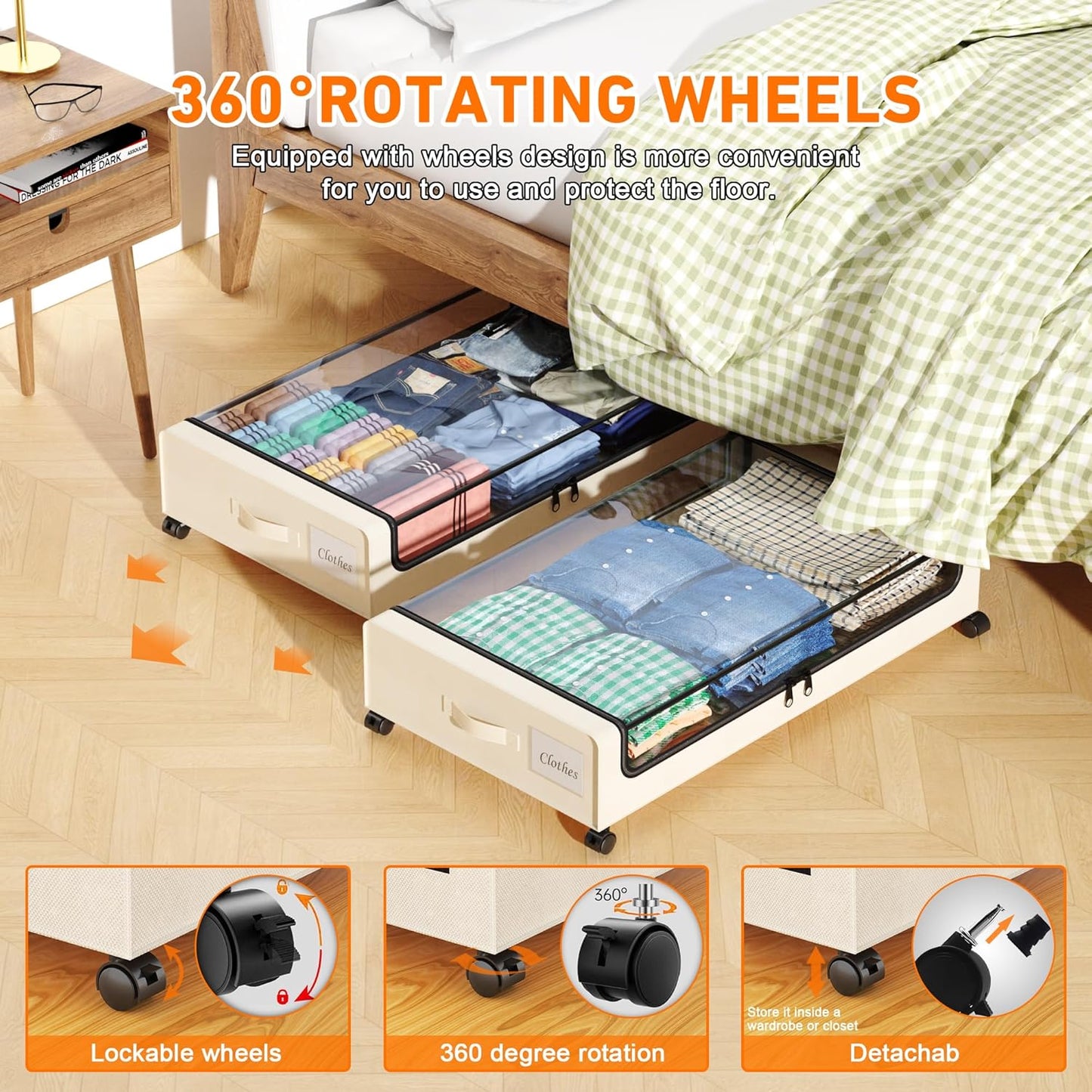 Under Bed Storage with Wheels,4 Pack Under Bed Storage Containers with Dividers & Clear Lids,65L Under the bed storage Organizer Bins, Underbed Storage with Wheels for Clothes (White)