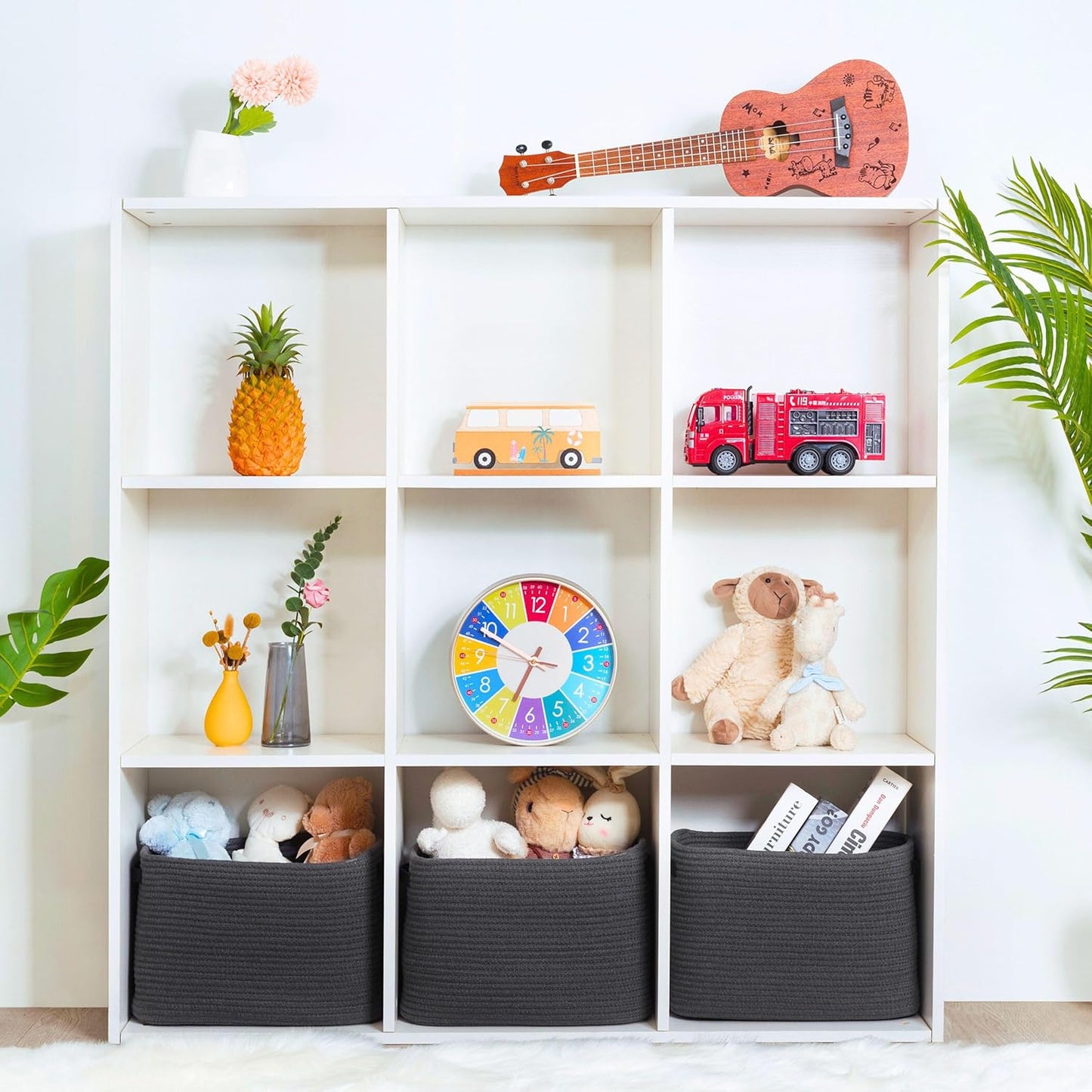 MINTWOOD Design 3-Pack Decorative Woven Storage Baskets for Shelves, Cube Bin Box for Organizing Books, Shoes, Dog Toys, Pantry Closet and Living Room Organizer, Charcoal / Black