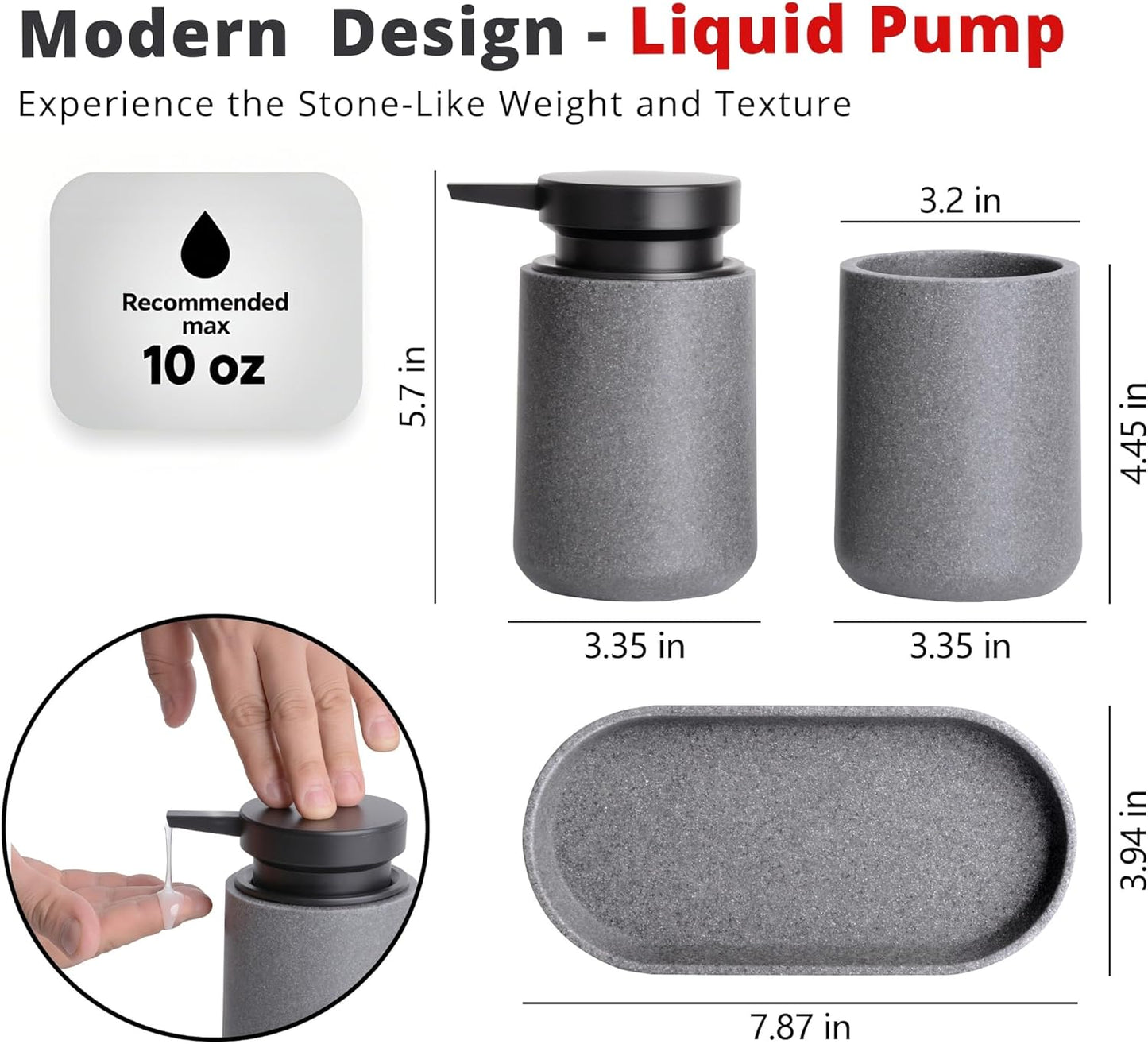 3 Pcs Bathroom Accessories Set, Liquid Soap Dispenser with Large Pump, Toothbrush Holder Cup and Soap Dish, Sandstone Texture Bathroom Counter Set for Modern Home (Gray)