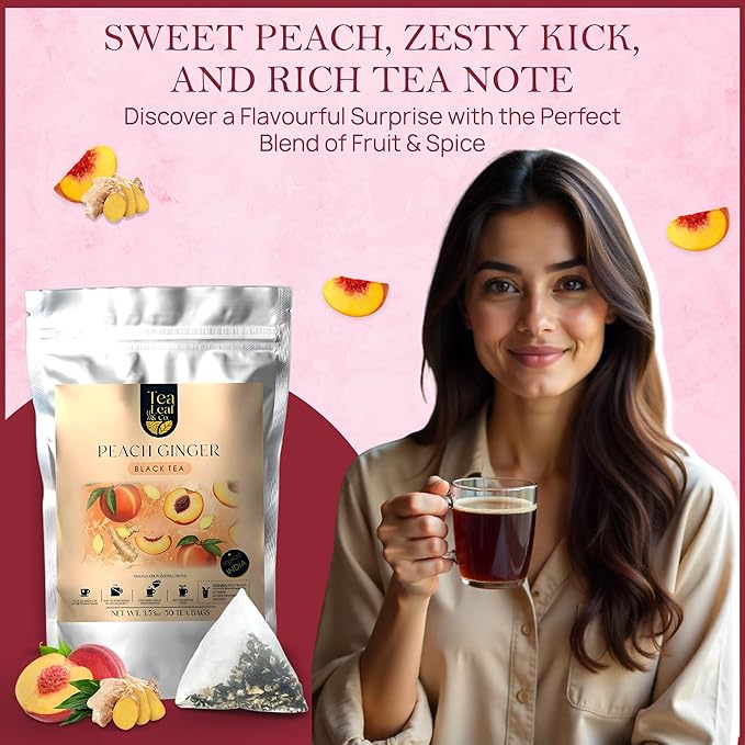 Tealeaf & Co. Peach Ginger Tea Blended with Organic Spices - Organic Black Tea Bags with Ginger & Peach Flavor - Flavored Blend with Low Caffeine - Gluten Free - 50 Teabags