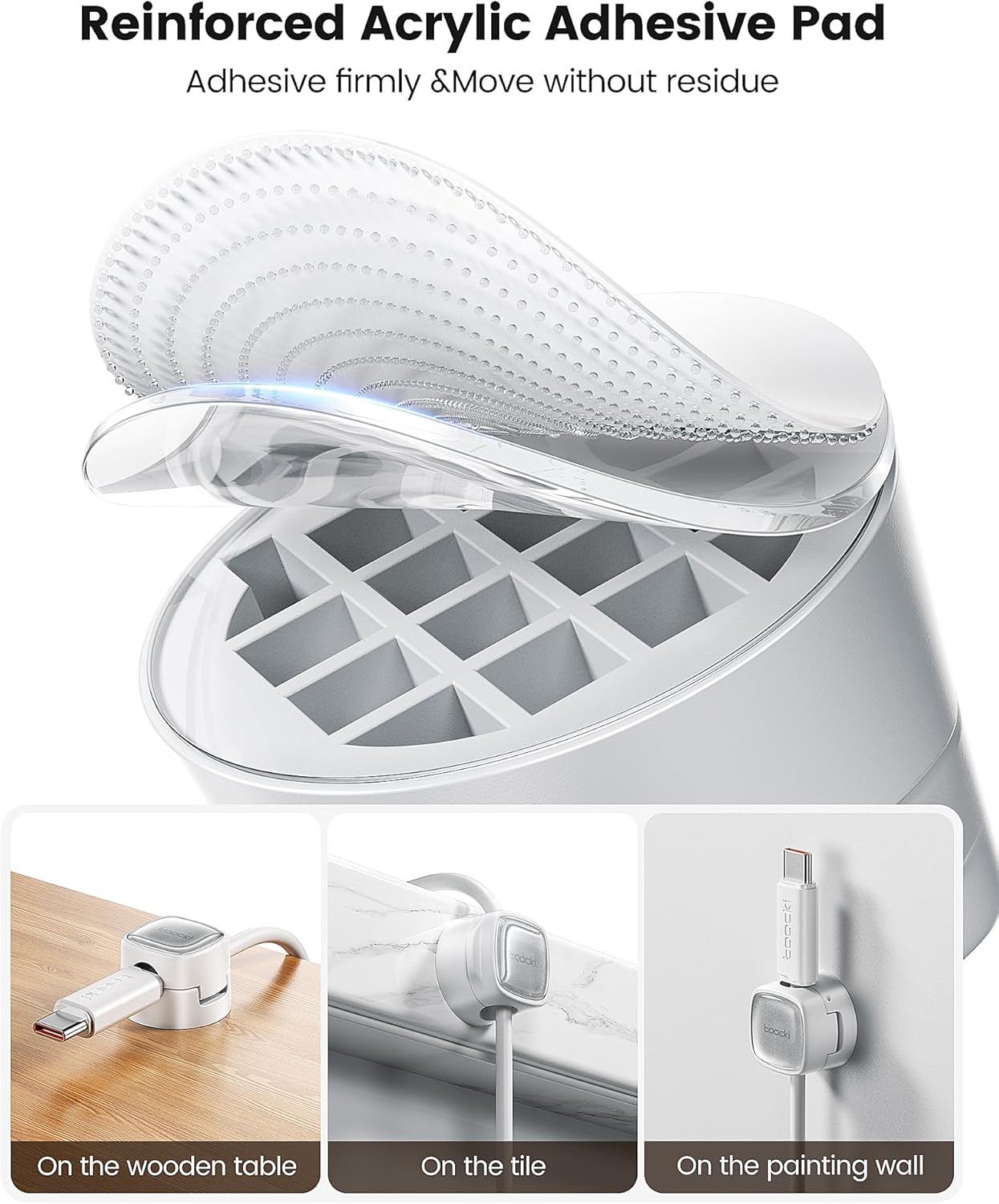 6 Pack Magnetic Cable Clips – Cord Organizer & Holder, Toocki Adhesive Cable Management, Wire Holder for USB Charging Cables, Ideal for Home, Office, Car, Desk, and Nightstand-White