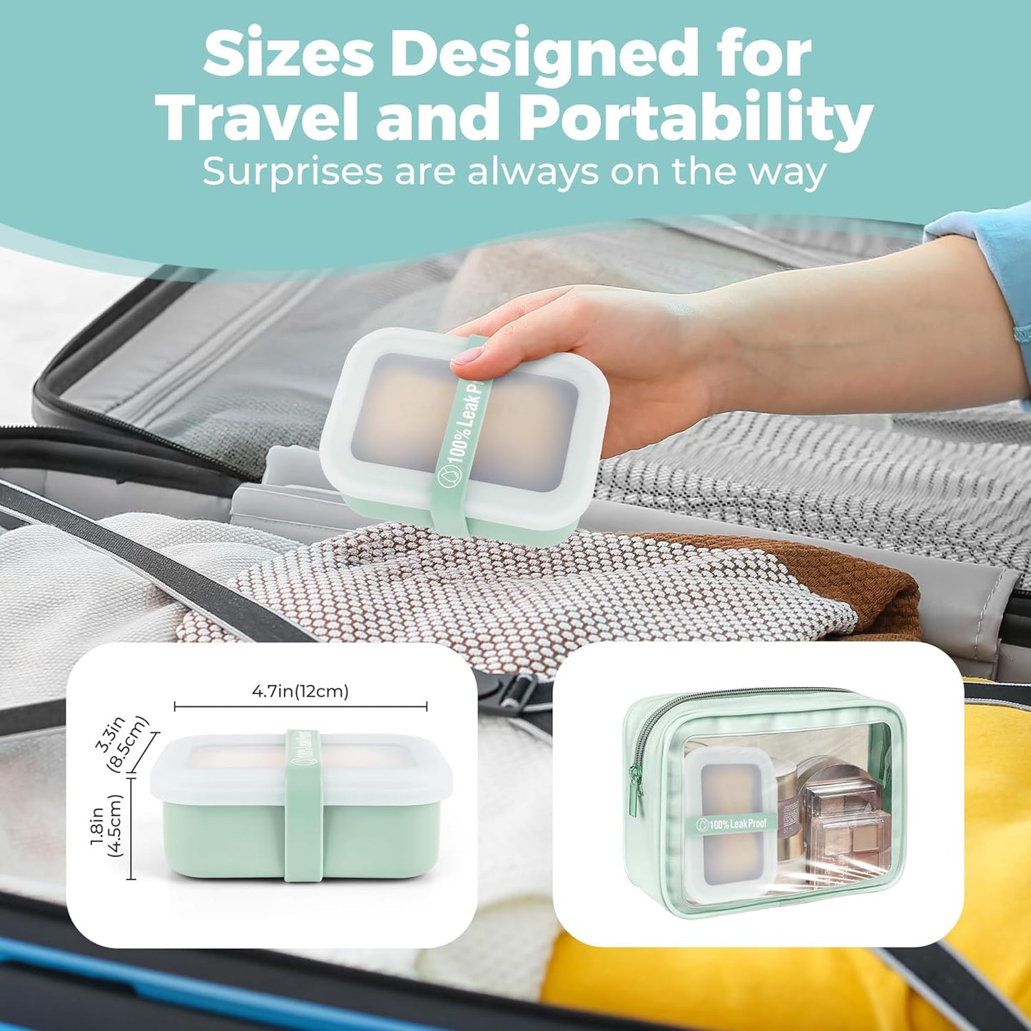 Compact Leakproof Travel Soap Case with Lid & Silicone Strap - Portable Draining Soap Bar Holder for Gym, Bathroom, Camping - Lightweight Silicone Soap Dish Container (Light Green)