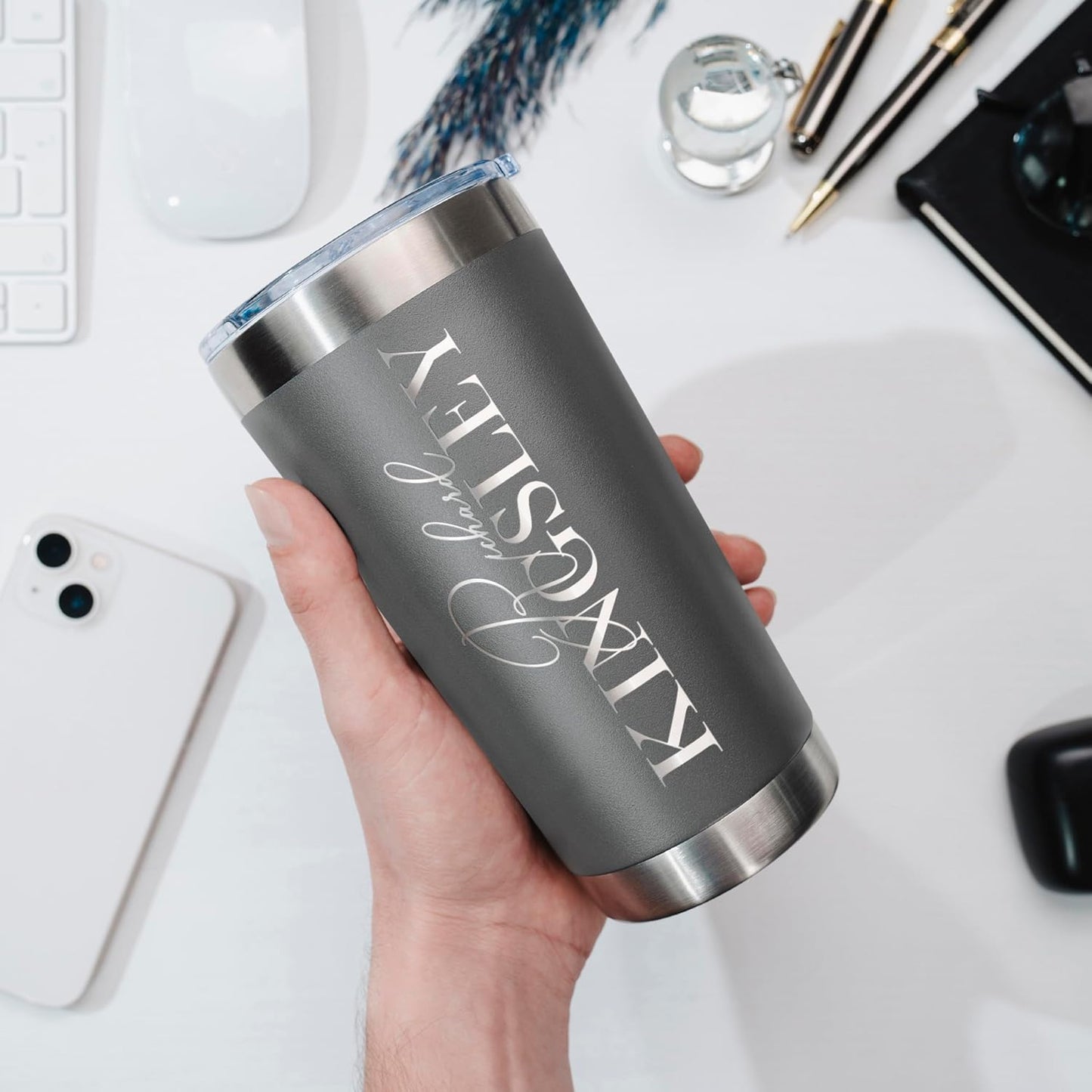 Personalized Tumbler with Engraved Name - 12 Designs, 30 Oz Coffee Tumbler with Slider Lid, Gray, Double Wall Insulated - Custom Gifts for Him & Her