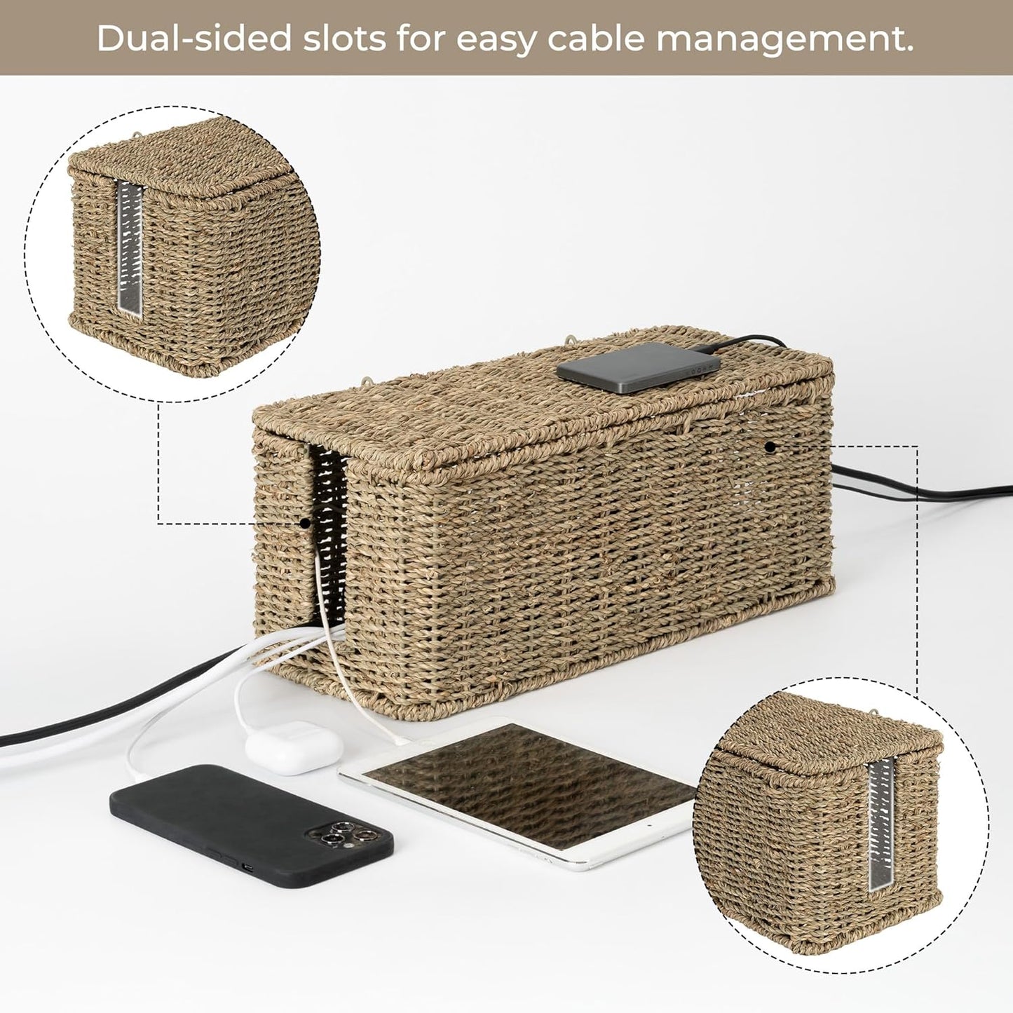 StorageWorks Large Cable Management Box, 2 Slots Wicker Cable Organizer to Hide Cords and Power Strip, Seagrass Cord Hider Box for Home & Office