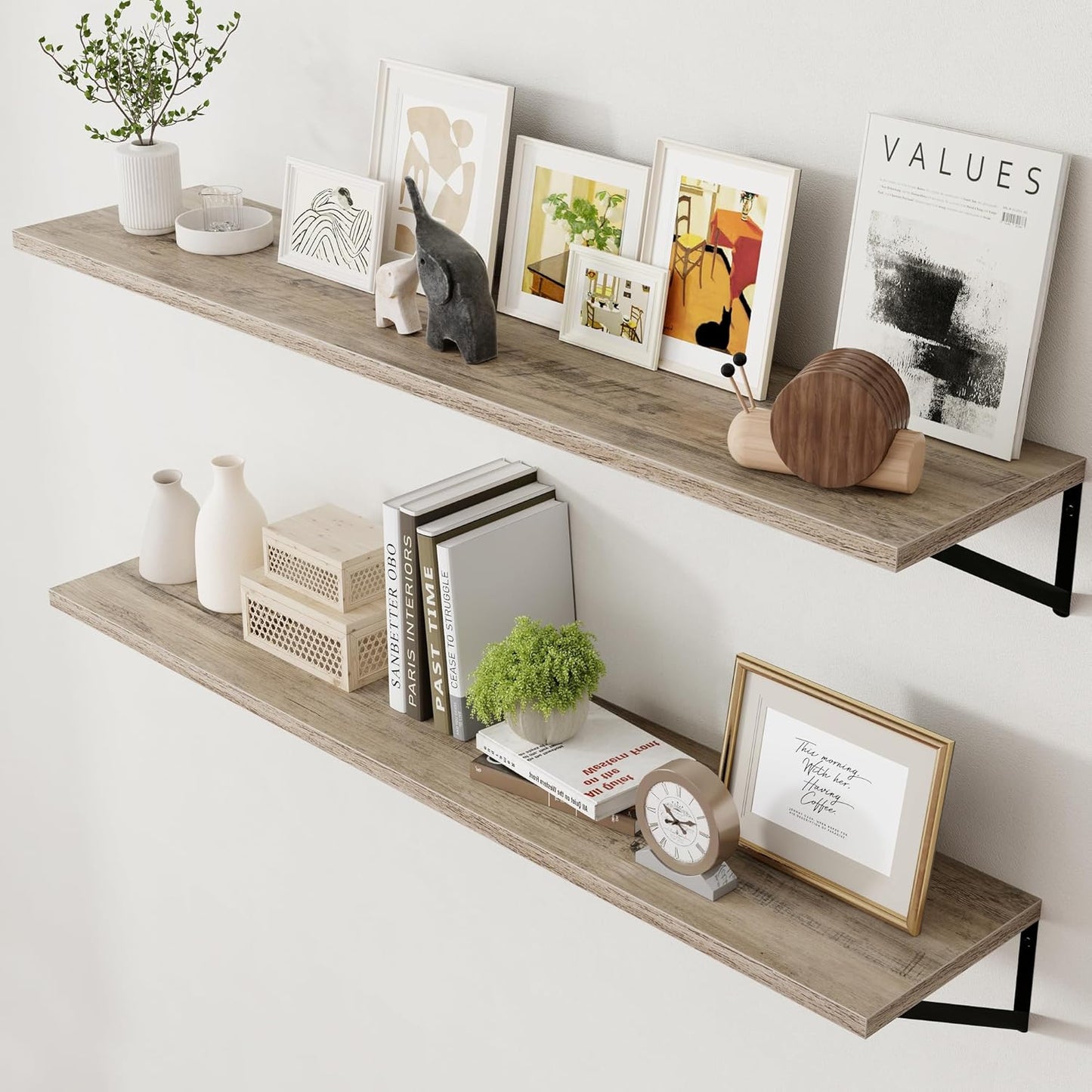 Axeman 12 Inch Deep Floating Shelves for Wall - 55 Inch Wide x 12 Inch Deep Wall Shelves Set of 2 - Rustic Grey Wood Floating Shelves for Living Room