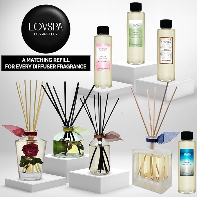 LOVSPA Reed Diffuser Set, Lavender & Black Amber Scented Oil Diffuser with Sticks, Home Fragrance Accessories for Bathroom Shelf Decor, Aroma Diffusers for Home or Office Desk, USA Made