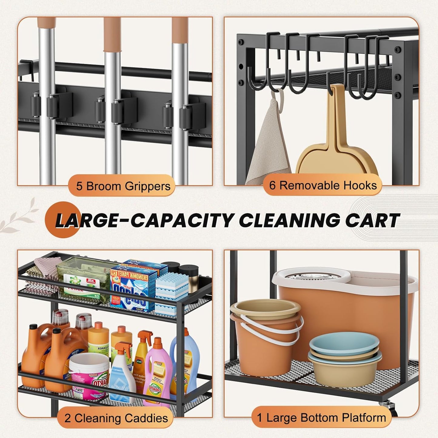 Broom Holder with Cleaning Supplies Organizer, Broom Closet Storage Cabinet with Mop Hanger Gripper Rack Hooks, Cleaning Housekeeping Janitorial Cart with Cleaning Caddy, Laundry Room Organization