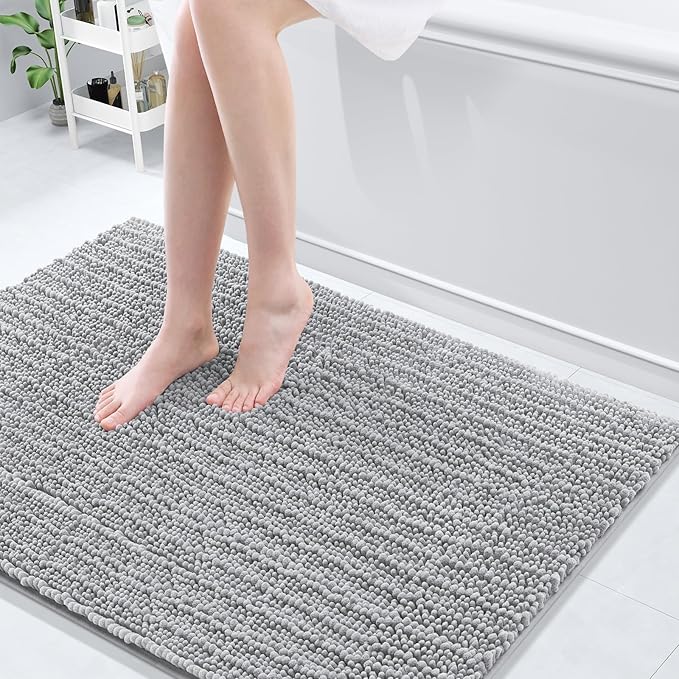 Arotive Luxury Chenille Bathroom Rug Mat, Extra Soft Thick Absorbent Shaggy Bath Rugs, Non-Slip Machine Wash Dry, Plush Bath Mats for Bathroom, Shower and Tub, 44x32, Light Grey