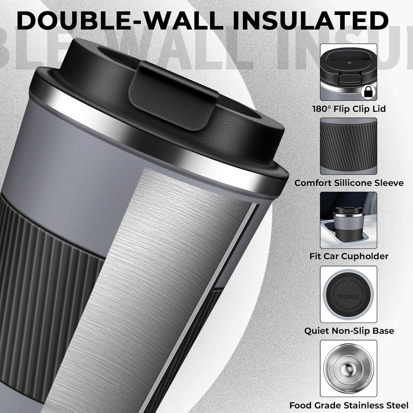 Insulated Coffee Tumbler 17 oz, Stainless Steel Coffee Mug with Lids, Travel Coffee Mug Leak Proof, Double Wall Vacuum Insulated Reusable Iced Coffee Cup, Keep Drinks Hot and Cold (Gray, 17 Ounces)