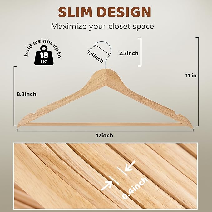 Wooden Hangers 30 Pack, Durable Wood Hangers with 360° Swivel Hook & Notches, Slim Coat Hanger Wooden for Closet, Smooth Wood Clothes Hanger with Pant Bar, Natural