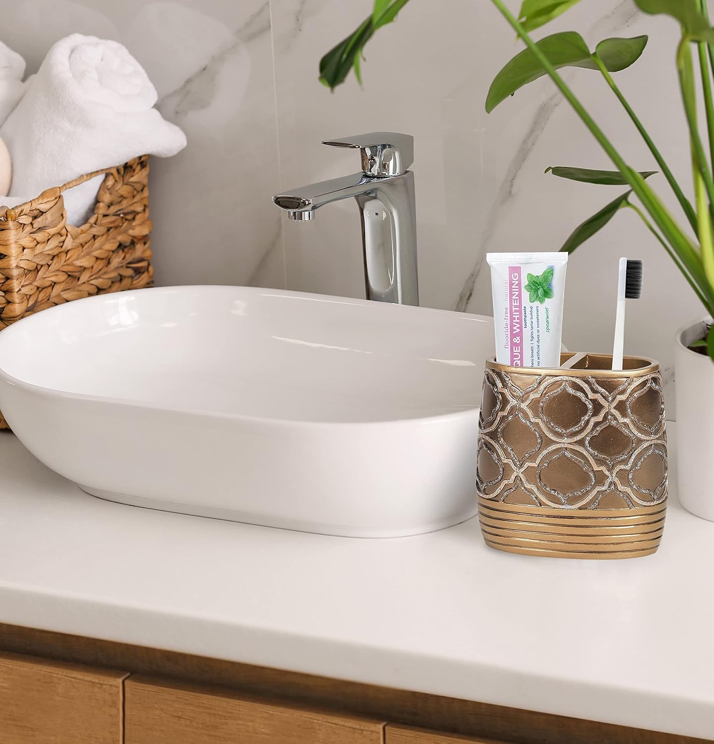 Zahari Home 4pc Spindle Stylish Bathroom Accessories Set Bathroom Soap Dispenser, Tumbler, Tooth Brush Holder and Soap Dish Modern Classic Luxury Contemporary Decor Unique Design Modern Bath Set