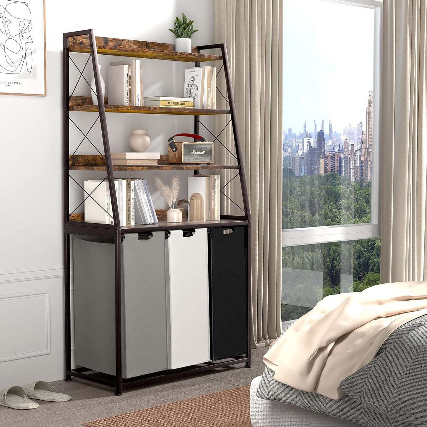 Laundry Basket, 3 Section Laundry Hamper with 4 Tiers Shelf, Pull-Out and Removable Laundry Bags, Large 3 x 15.87 Gallons, for Laundry Room Bathroom Rustic Brown PF05XLN