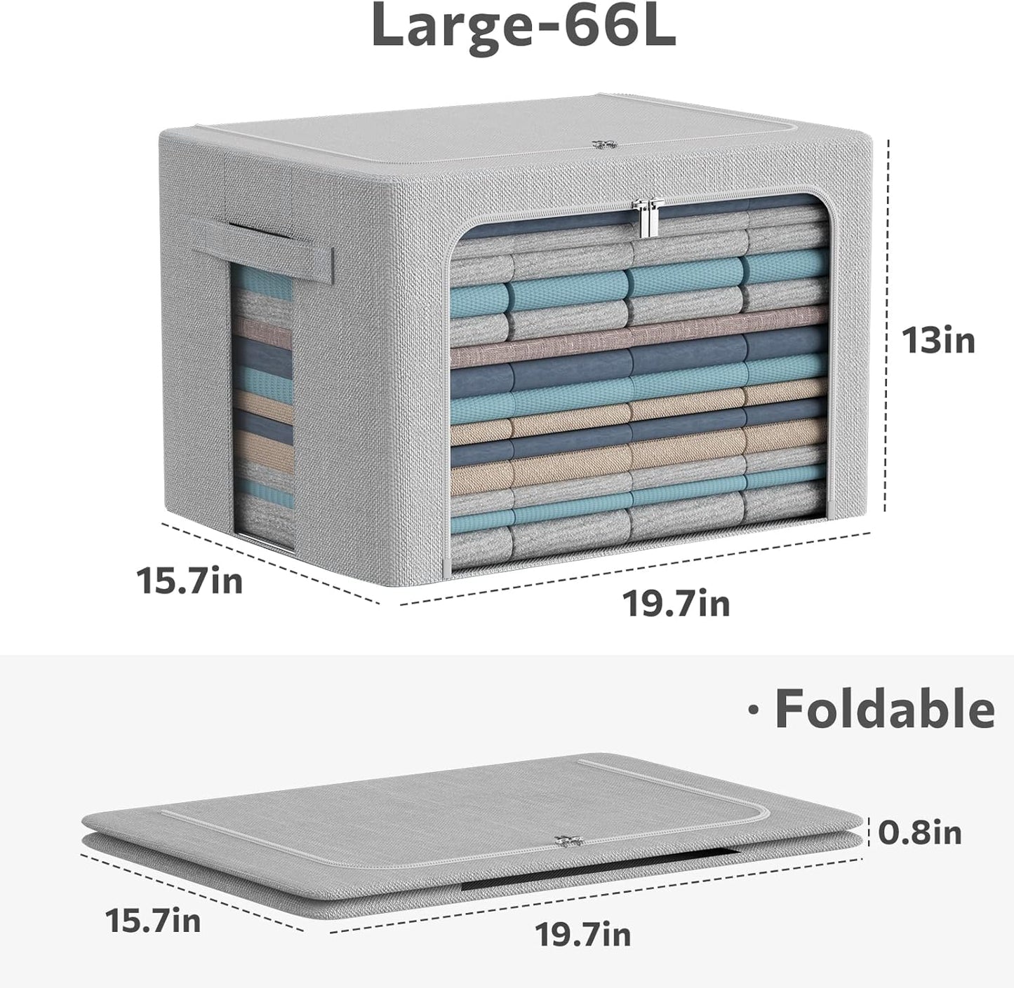 CYhom 3Pack Foldable Storage Bins - Frame Storage Box Linen Fabric Stackable Clothes Container Organizer with Clear Window & Carry Handles Large Capacity (Large-66L, Light Grey)