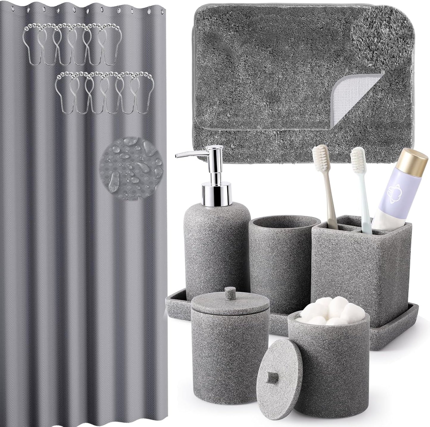 21 Pcs Bathroom Accessory Set with Waterproof Shower Curtain and Non Slip Mat,Resin Bath Set with Toothbrush Holder and Lotion Soap Dispenser,Bathroom Countertop Organizer Set for Home Apartment
