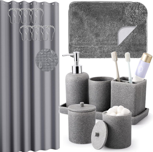 21 Pcs Bathroom Accessory Set with Waterproof Shower Curtain and Non Slip Mat,Resin Bath Set with Toothbrush Holder and Lotion Soap Dispenser,Bathroom Countertop Organizer Set for Home Apartment