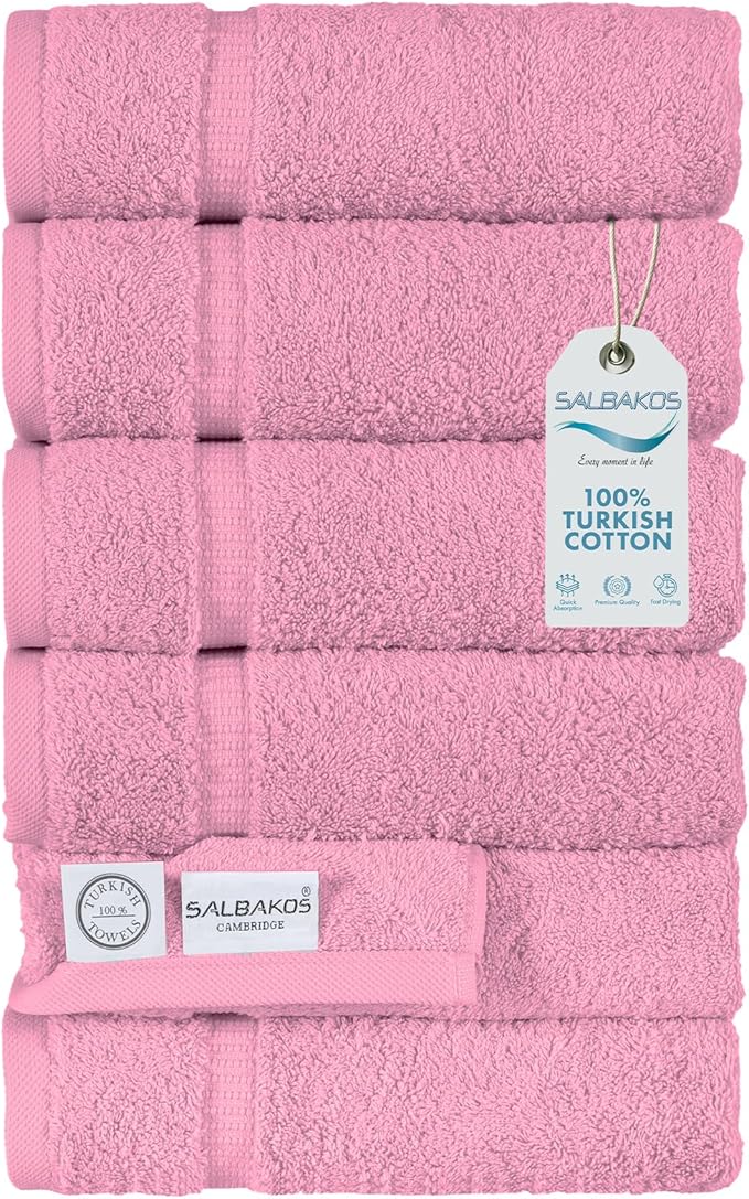 SALBAKOS 100% Turkish Cotton Hand Towel Set of 6 16x30 inch | Heirloom Quality | Hotel & Spa Collection | Ultra Soft, Super Absorbent, Long Lasting Hand Towels | Made in Turkey (Rose, 6 Hand Towels)