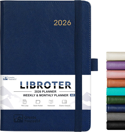 2026 Planner - Planner 2026, 2026 Weekly Monthly Planner, Jan.2026 - Dec.2026, 5.7'' x 8.4'', Thick Paper, Leather Cover, Pen Holder, Back Pocket, Bookmarks, Perfect Daily Organizer - Navy Blue