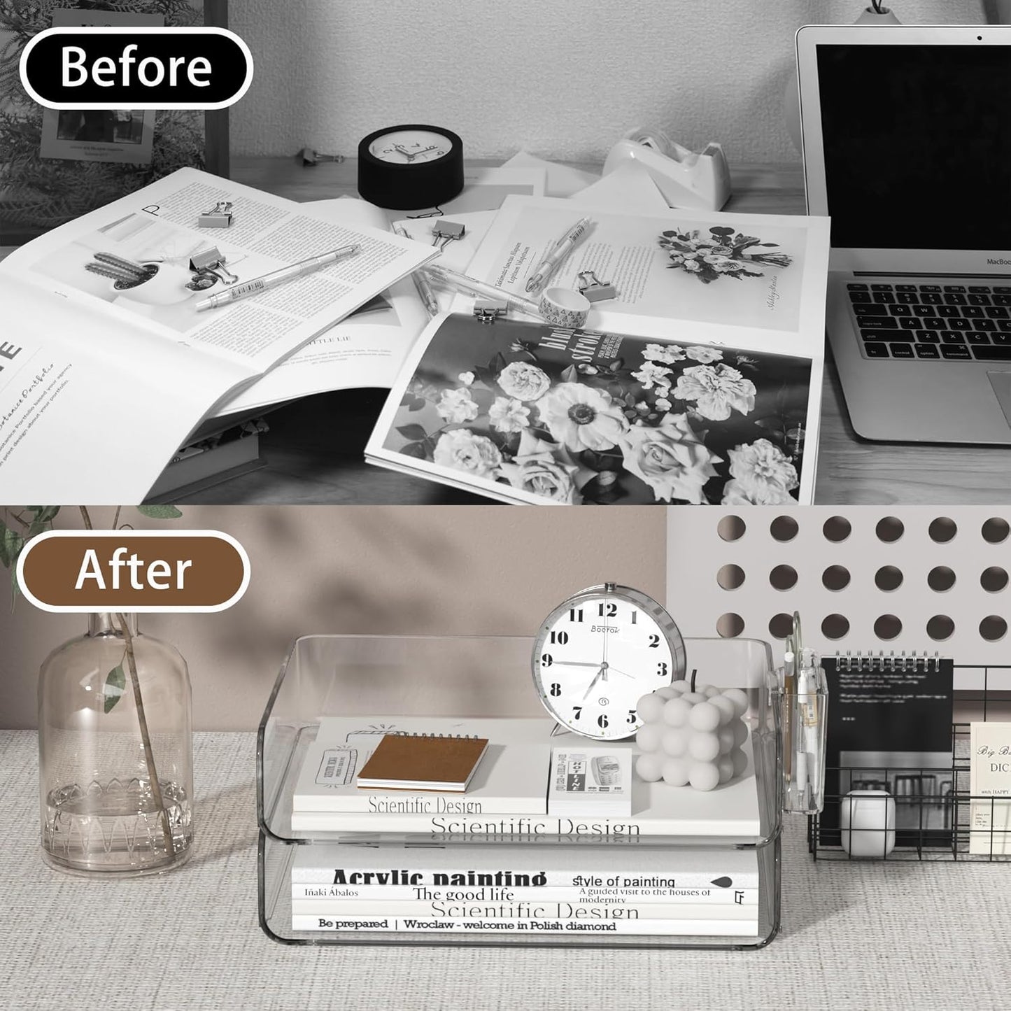 2-Tier Office Organizer with Pen Holder, Stackable Paper Tray for Files, Letters, Books, Clear Paper Folder