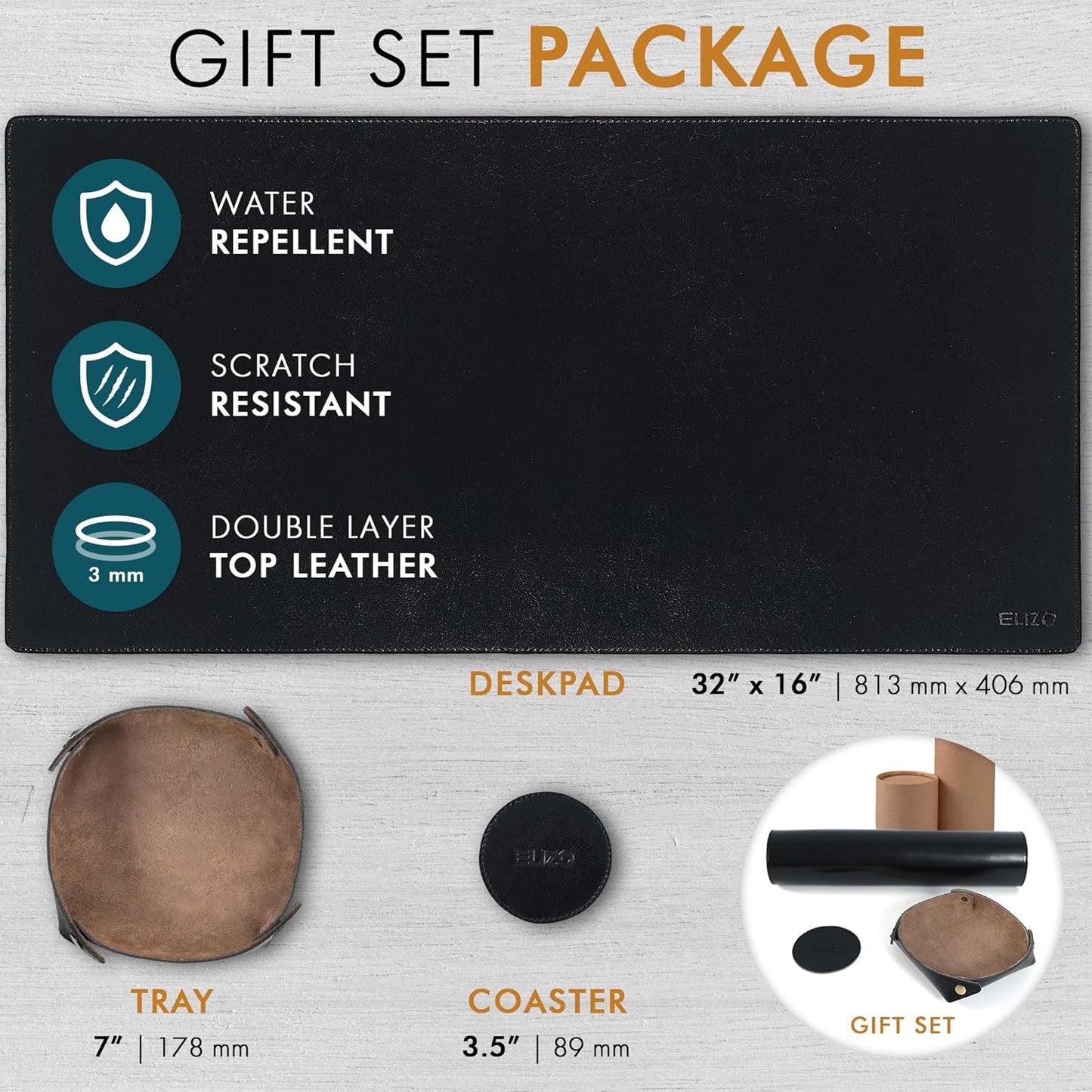 Elizo Leather Desk Mat Desk Pad Blotter Set - Real Full-Grain Leather (32x16) 2-Layer Genuine Desk Cover Protector & Large Mouse Pad | Computer Keyboard Desk Accessories for Office & Home