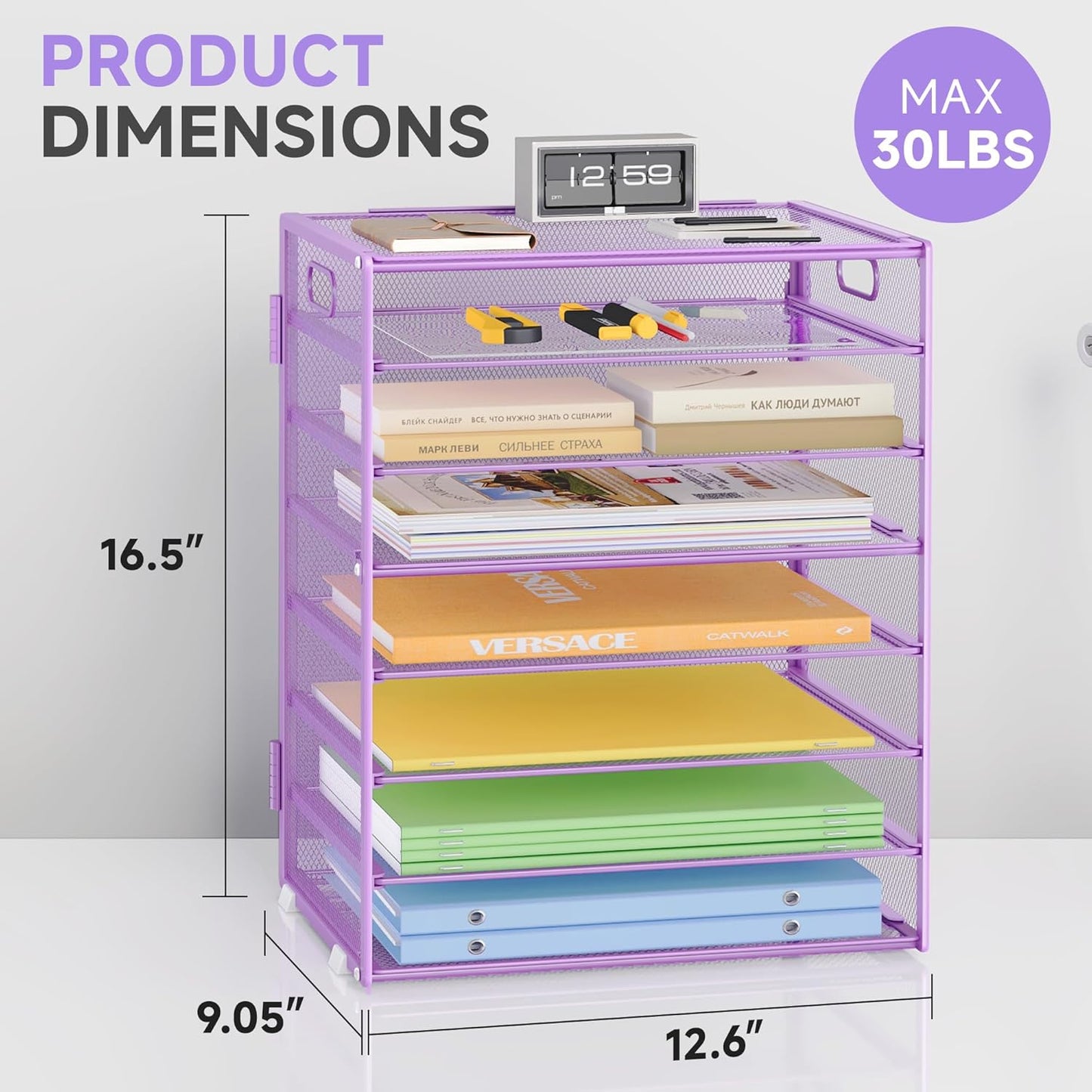 Paper Organizer with Handle Metal Mesh File Sorter for Desk Organizers Paper Letter Tray Desktop Document Sorter for Office or School 2 Pack 8 Tier Purple Desk Storage