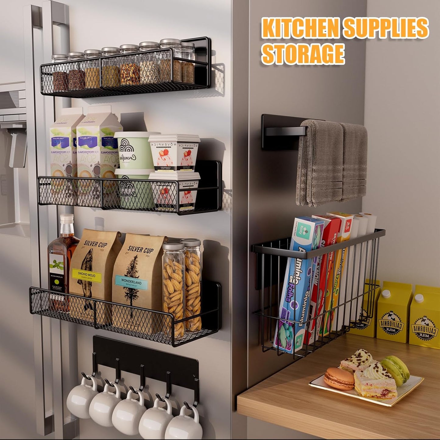 6-Pack Magnetic Shelves for Washing Machine & Refrigerator, Heavy-Duty Laundry Organizer with Hanger Holder & Deep Baskets, Metal Storage System for Laundry Room (Black)