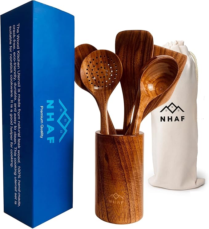 Premium Teak Healthy Spoons, Durable Eco-friendly Spatula, Wooden Utensils Set with Holder & Canvas Bag, Wooden Cooking Gifts for Mom