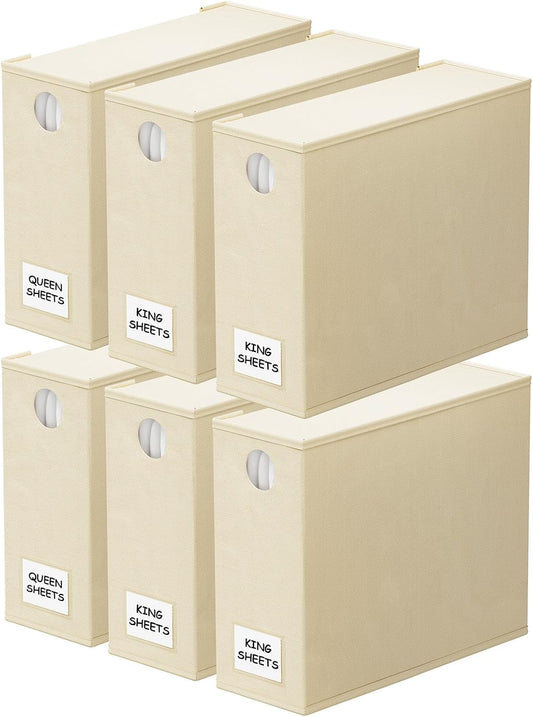 SpaceAid 6 Pack Bed Sheet Organizers and Storage, Foldable Sheet Organizer for Linen Closet, Sheets Set Folder Keeper with Window XL (Queen & King Size) Bedding Container (Beige, 6 Pack)