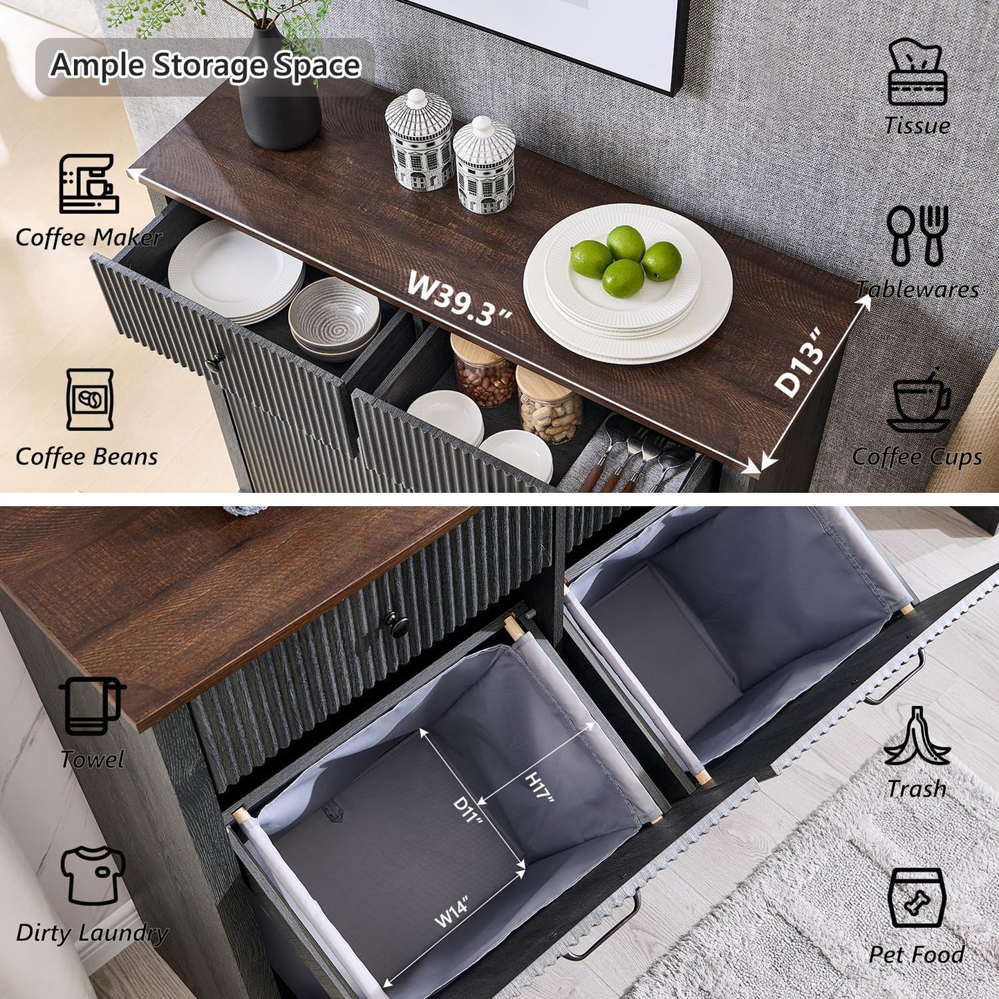 Modern Double Tilt-Out Laundry Hamper Cabinet, 20 Gallon Fluted Trash Can Cabinet w/2 Drawers, Wooden Hidden Garbage Can Cabinets w/Laundry Basket, Free Standing for Bathroom and Kitchen, Grey