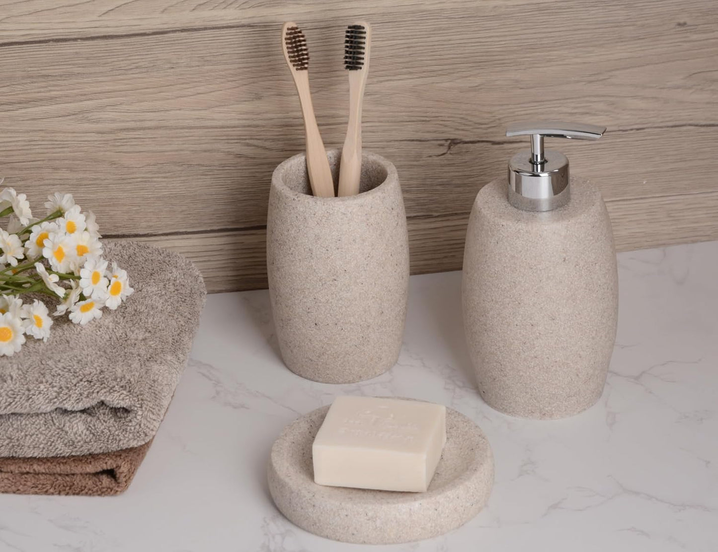 Beige Bathroom Accessories Set 3 PC, Resin Sandstone Look Soap Dispenser, Toothbrush Cup, Soap Dish, Bathroom Soap Dispenser Set for Home Decor and Kitchen