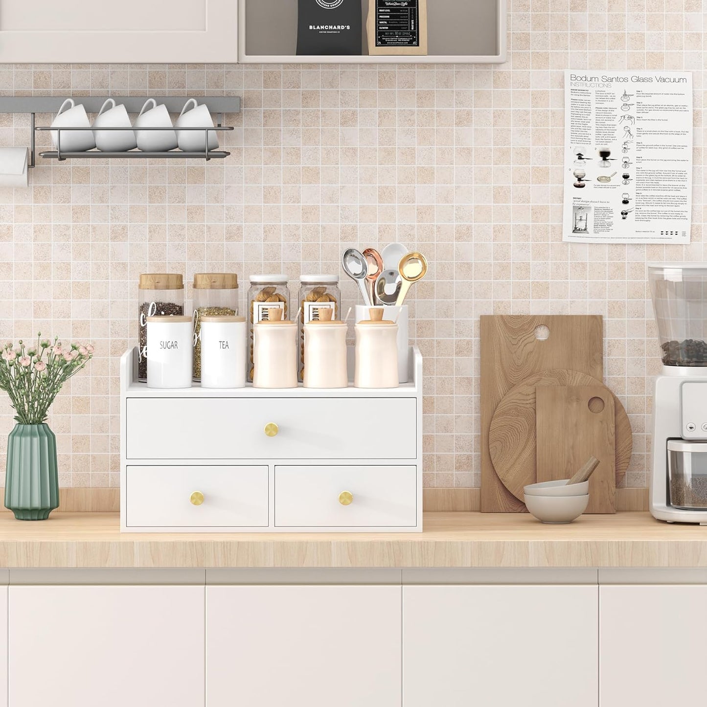 Bamboo Desk Organizer with Drawers Wooden Desktop Storage Drawers for Bills Office Supplies Kitchen Utensils Organizing Tool for Home Classroom Organization No Assembly (3 Drawers, White)