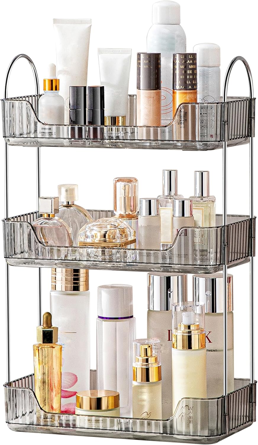 3 Tier Bathroom Organizer Countertop Makeup Perfume Tray Skincare Organizer for Bathroom Dresser Vanity (Grey)