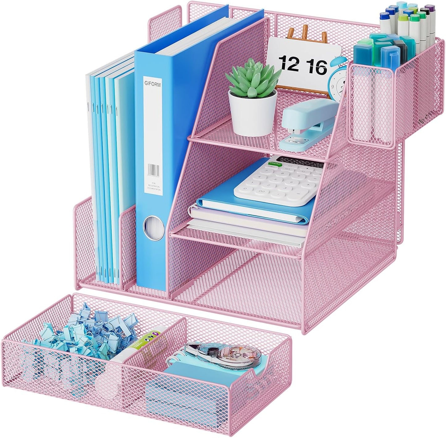Marbrasse Desk Organizer and Accessories, 3-Tier File Organizer with Drawer and Pen Holder, Small Desktop Organizer and Storage for Workspace Office Supplies Pink