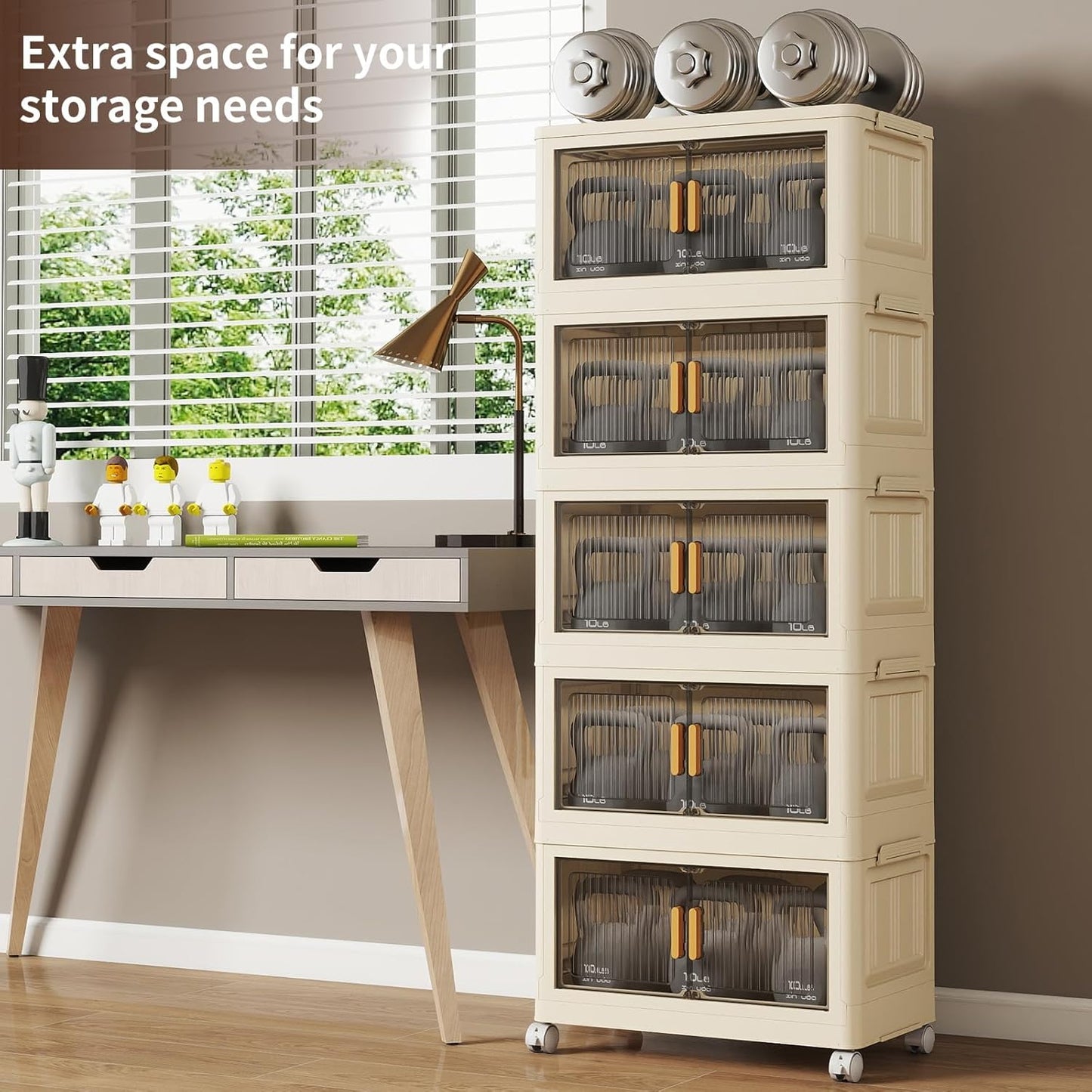 28 Qt Plastic Storage Bins with Lid, Collapsible Closet Organizer and Drawers, Stackable Storage Containers with Wheels, 5Pack