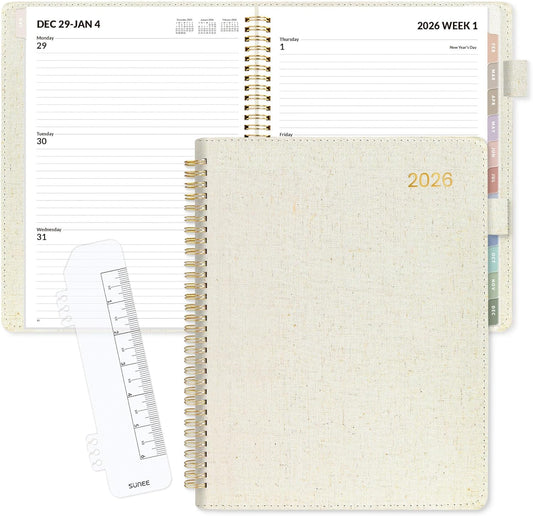 SUNEE 2026 Weekly & Monthly Planner 9"x11.2"- 12 Month (January 2026 - December 2026), Linen Cover, Pocket, Bookmark, Notes, Monthly Tab, Beige